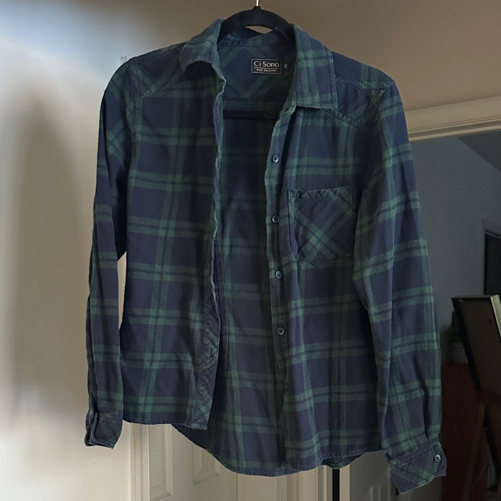 Ci Sono Navy and Forest Plaid Button Down Shirt